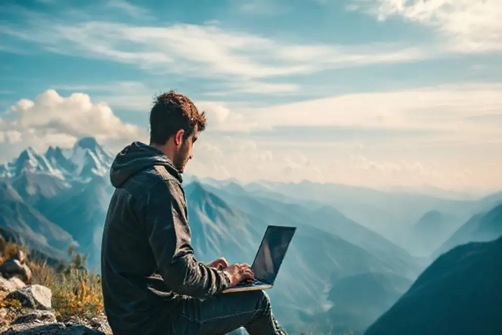 Retrato de um nômade digital trabalhando ao ar livre em meio à natureza.