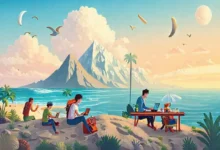 Imagem representativa de nômades digitais trabalhando em diversos ambientes.