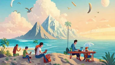 Imagem representativa de nômades digitais trabalhando em diversos ambientes.