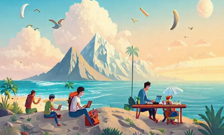 Imagem representativa de nômades digitais trabalhando em diversos ambientes.