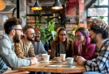 Um grupo diversificado de empreendedores aspirantes discutindo em um espaço de co-working.