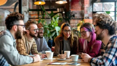 Um grupo diversificado de empreendedores aspirantes discutindo em um espaço de co-working.
