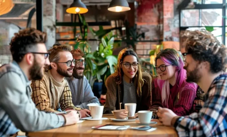 Um grupo diversificado de empreendedores aspirantes discutindo em um espaço de co-working.