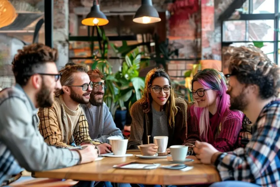 Um grupo diversificado de empreendedores aspirantes discutindo em um espaço de co-working.