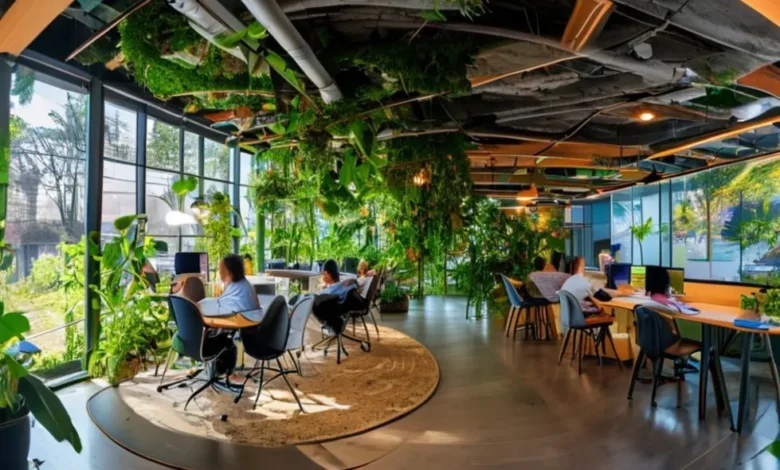 Vista panorâmica de um espaço de co-working ecológico com nômades digitais colaborando em projetos sustentáveis.