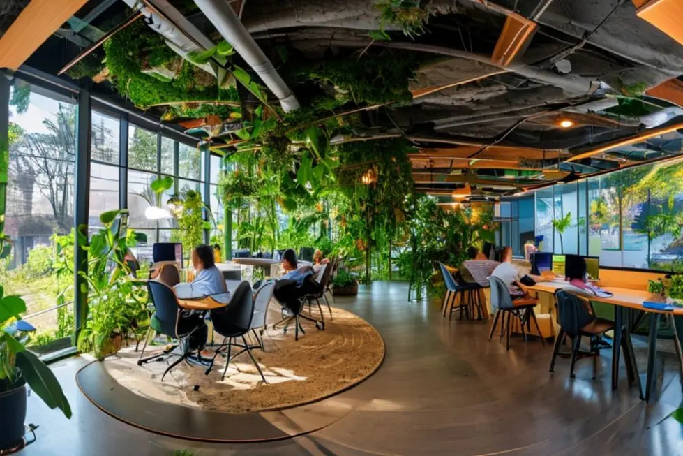 Vista panorâmica de um espaço de co-working ecológico com nômades digitais colaborando em projetos sustentáveis.