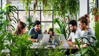 Nômades digitais trabalhando em um espaço sustentável.