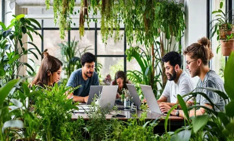 Nômades digitais trabalhando em um espaço sustentável.