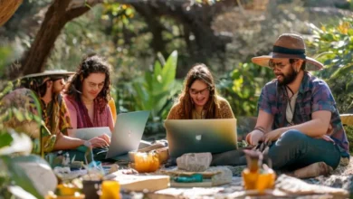 Grupo diverso de nômades digitais discutindo ideias de negócios sustentáveis ao ar livre.