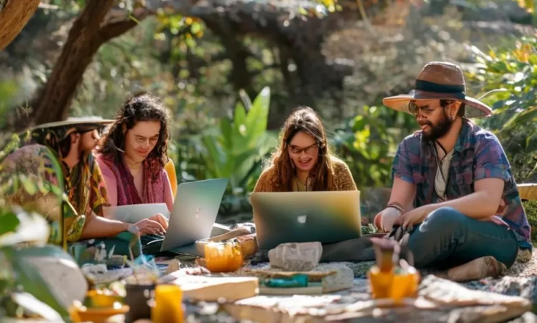 Grupo diverso de nômades digitais discutindo ideias de negócios sustentáveis ao ar livre.