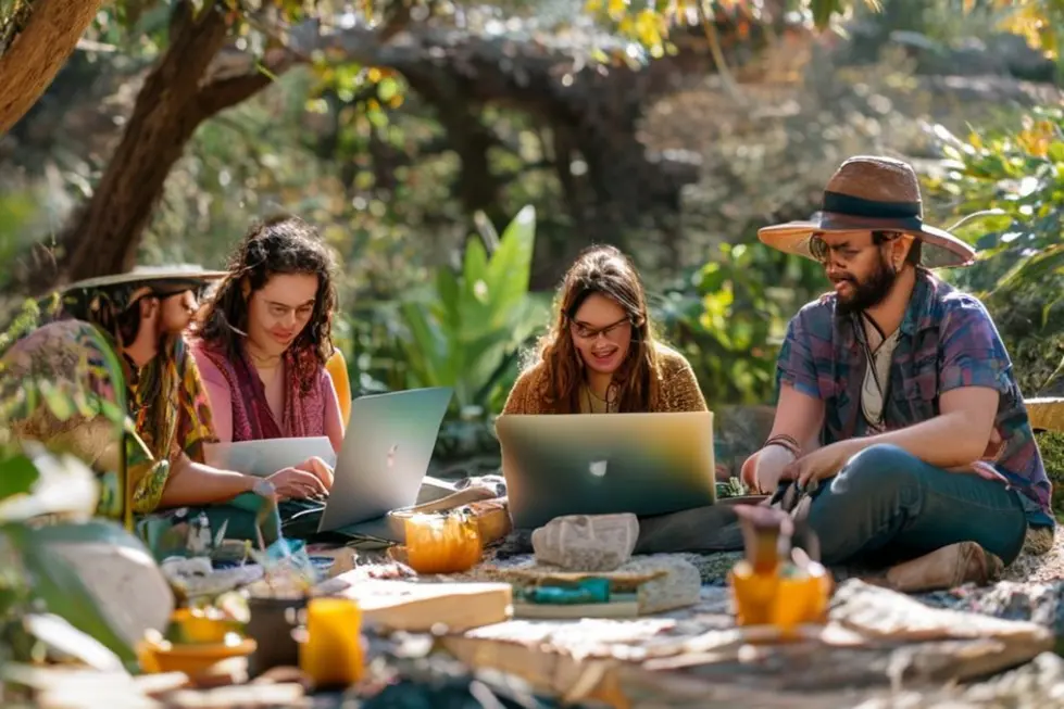Grupo diverso de nômades digitais discutindo ideias de negócios sustentáveis ao ar livre.