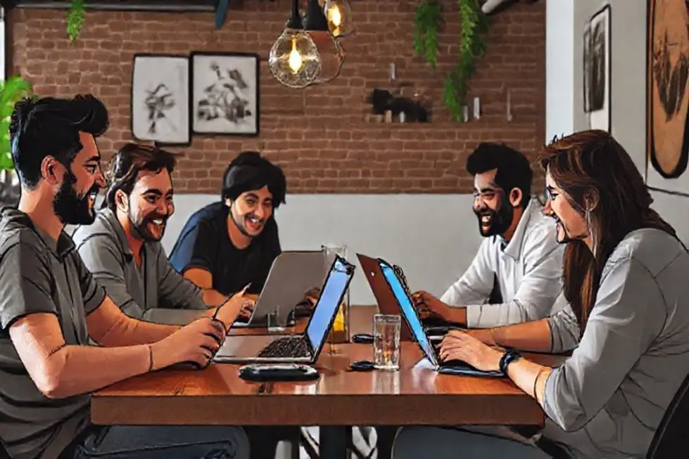 7 Estratégias Práticas para Escalar Seu Negócio Digital de Forma Sustentável - Web Nômade Digital Grupo de nômades digitais trabalhando juntos em um espaço de coworking.