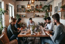 Grupo diverso de nômades digitais trabalhando em um espaço aconchegante.