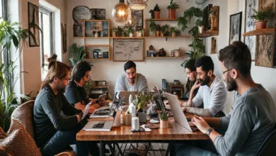 Grupo diverso de nômades digitais trabalhando em um espaço aconchegante.