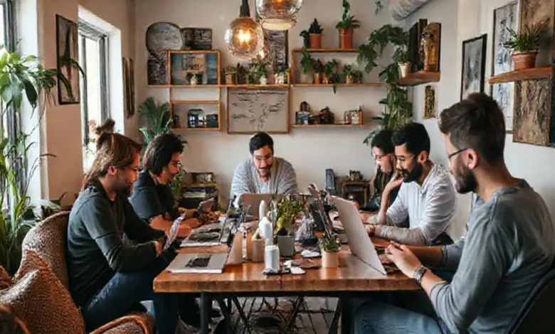 Grupo diverso de nômades digitais trabalhando em um espaço aconchegante.