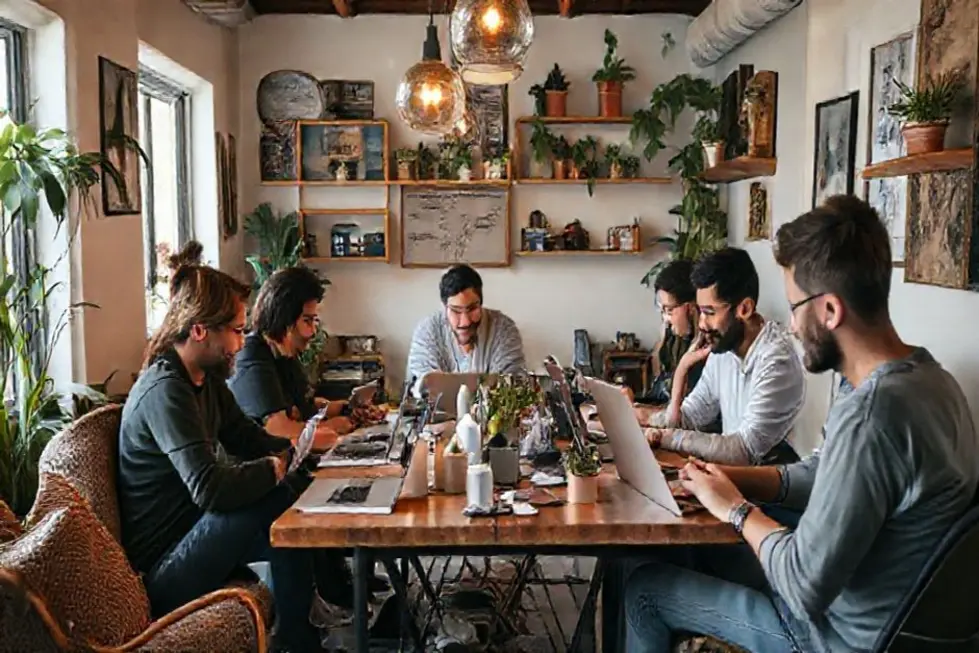 Grupo diverso de nômades digitais trabalhando em um espaço aconchegante.