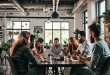 Nômades digitais trabalhando juntos em um espaço colaborativo, simbolizando a união e inovação.