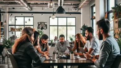 Nômades digitais trabalhando juntos em um espaço colaborativo, simbolizando a união e inovação.