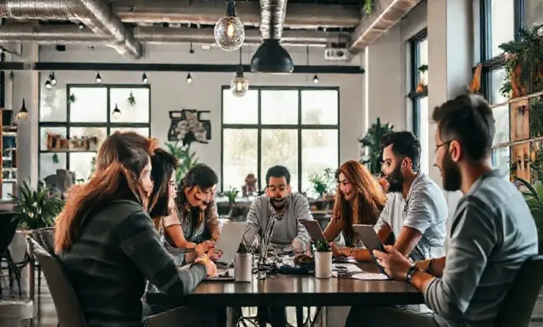 Nômades digitais trabalhando juntos em um espaço colaborativo, simbolizando a união e inovação.