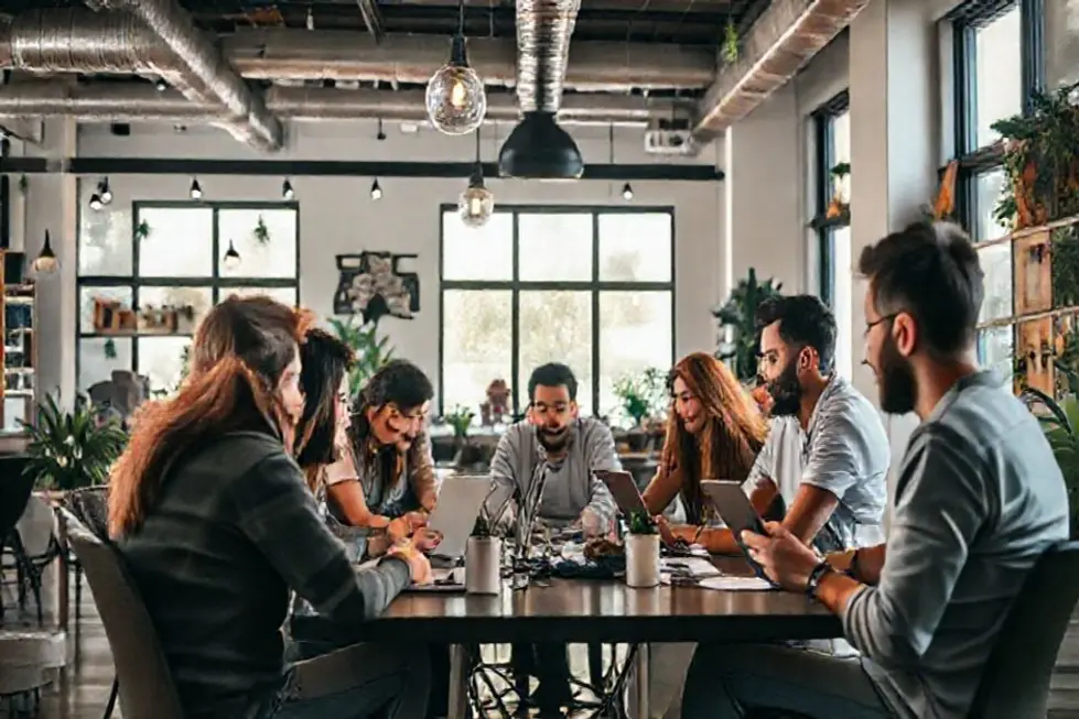 Nômades digitais trabalhando juntos em um espaço colaborativo, simbolizando a união e inovação.
