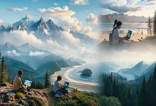 Várias pessoas trabalhando em seus laptops em paisagens deslumbrantes.