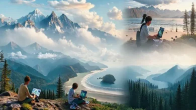 Várias pessoas trabalhando em seus laptops em paisagens deslumbrantes.