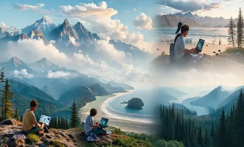 Várias pessoas trabalhando em seus laptops em paisagens deslumbrantes.