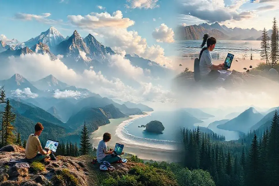 Empreender com Liberdade: 7 Passos para Nômades Digitais Alavancarem Seus Negócios - Web Nômade Digital Várias pessoas trabalhando em seus laptops em paisagens deslumbrantes.