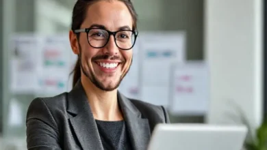 Profissional satisfeito gerenciando seu tempo de maneira eficaz.