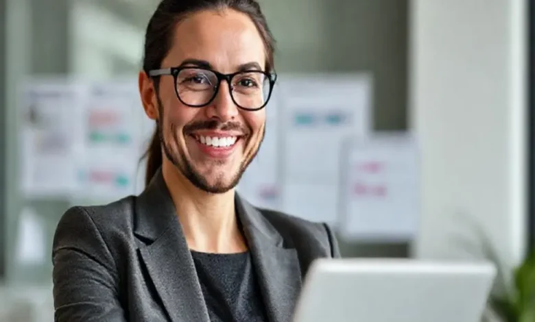 Profissional satisfeito gerenciando seu tempo de maneira eficaz.
