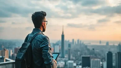 Imagem de um empreendedor digital observando o horizonte de uma cidade, simbolizando sucesso.
