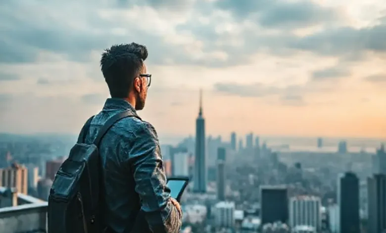 Imagem de um empreendedor digital observando o horizonte de uma cidade, simbolizando sucesso.
