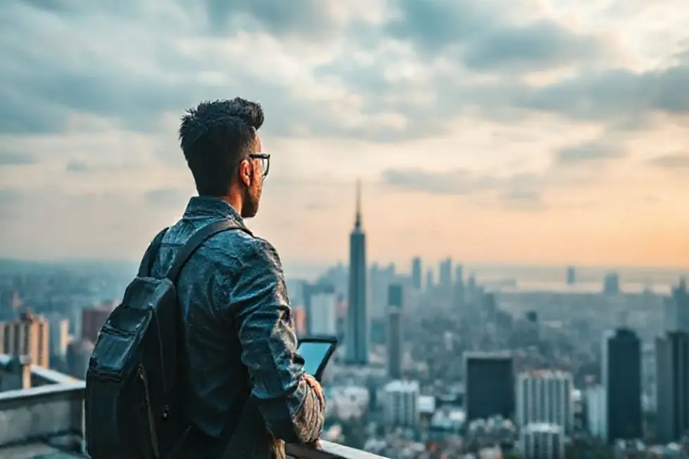 7 Estratégias de Gestão Estratégica para Empreendedores Digitais que Querem Aumentar Seus Lucros - Web Nômade Digital Imagem de um empreendedor digital observando o horizonte de uma cidade, simbolizando sucesso.