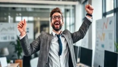 Empreendedor vibrando de felicidade no escritório após alcançar metas financeiras.