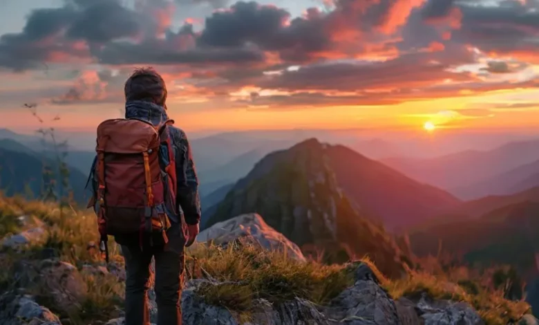 Viajante em uma trilha montanhosa encarando o pôr do sol, representando a jornada empreendedora.