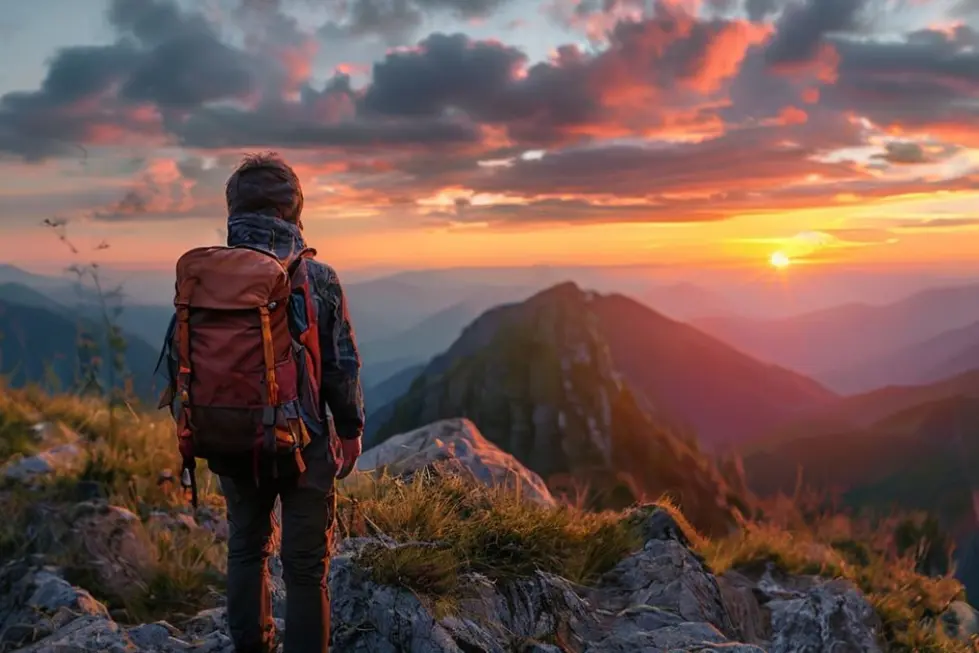 Viajante em uma trilha montanhosa encarando o pôr do sol, representando a jornada empreendedora.