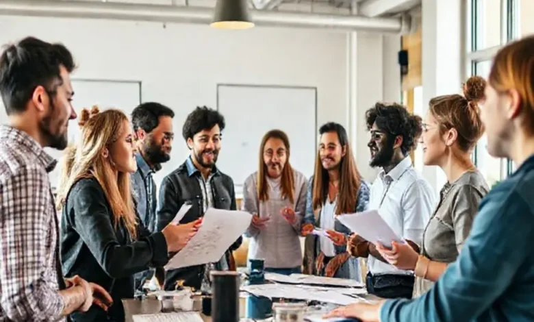 Um grupo diversificado de empreendedores trabalhando juntos em um espaço criativo.