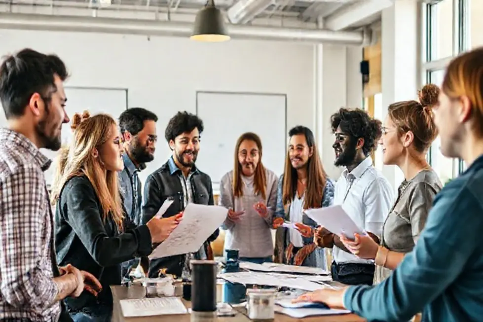 Desvendando o Empreendedorismo: 7 Mitos e Verdades que Você Precisa Saber - Web Nômade Digital Um grupo diversificado de empreendedores trabalhando juntos em um espaço criativo.