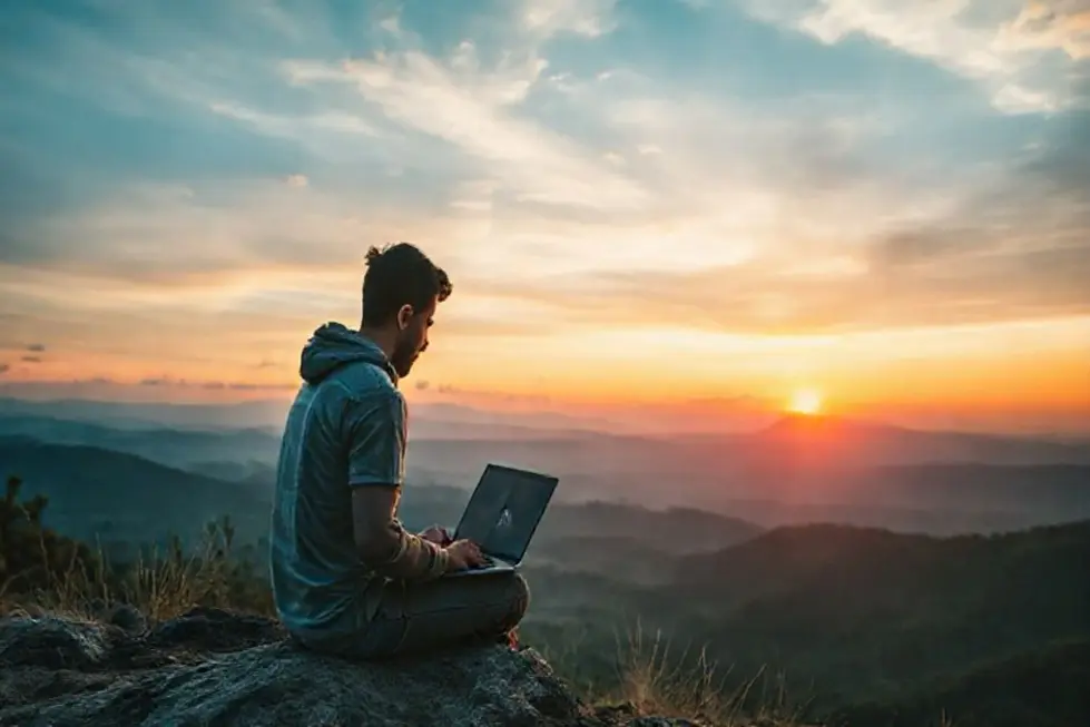 Um nômade digital em um local bonito, trabalhando ao amanhecer.