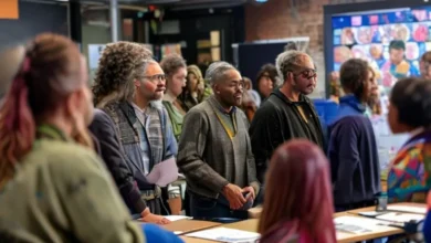 Um mentor inspirador guiando um grupo diversificado em um ambiente de workshop.