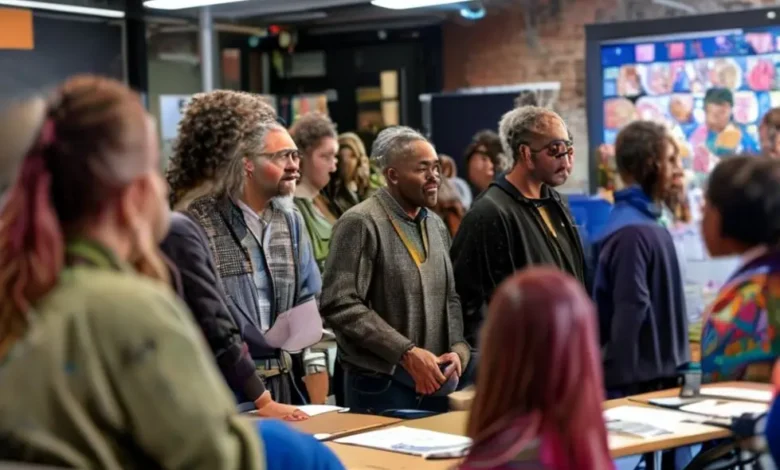 Um mentor inspirador guiando um grupo diversificado em um ambiente de workshop.