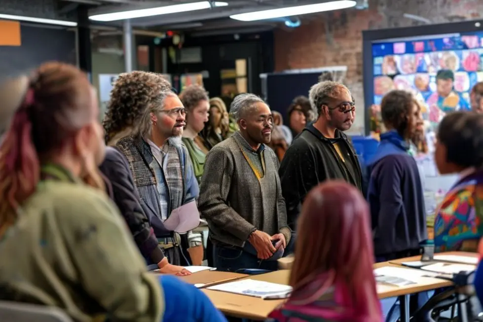 Um mentor inspirador guiando um grupo diversificado em um ambiente de workshop.