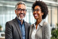 Mentor e mentorado felizes em um escritório moderno, simbolizando crescimento.