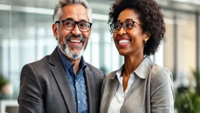 Mentor e mentorado felizes em um escritório moderno, simbolizando crescimento.