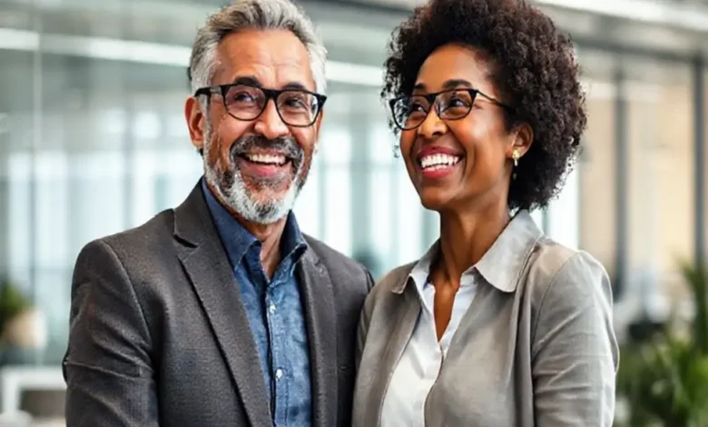 Mentor e mentorado felizes em um escritório moderno, simbolizando crescimento.