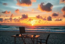 Visualização de um espaço de trabalho nômade digital ao pôr do sol.