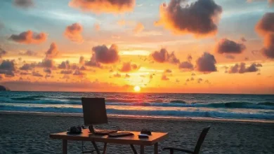 Visualização de um espaço de trabalho nômade digital ao pôr do sol.