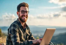 Nômade digital feliz trabalhando em um laptop com uma paisagem de fundo.