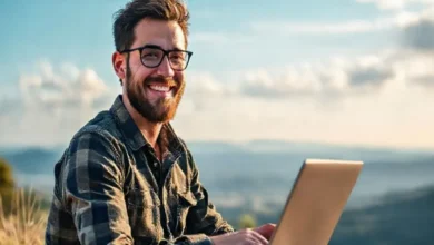 Nômade digital feliz trabalhando em um laptop com uma paisagem de fundo.