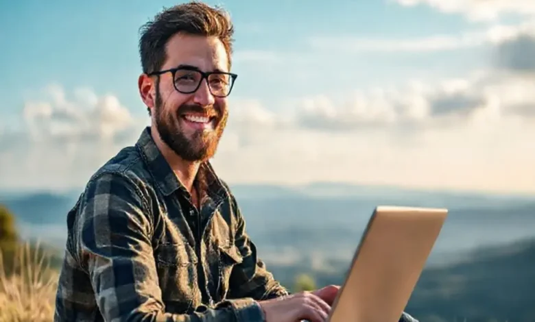 Nômade digital feliz trabalhando em um laptop com uma paisagem de fundo.